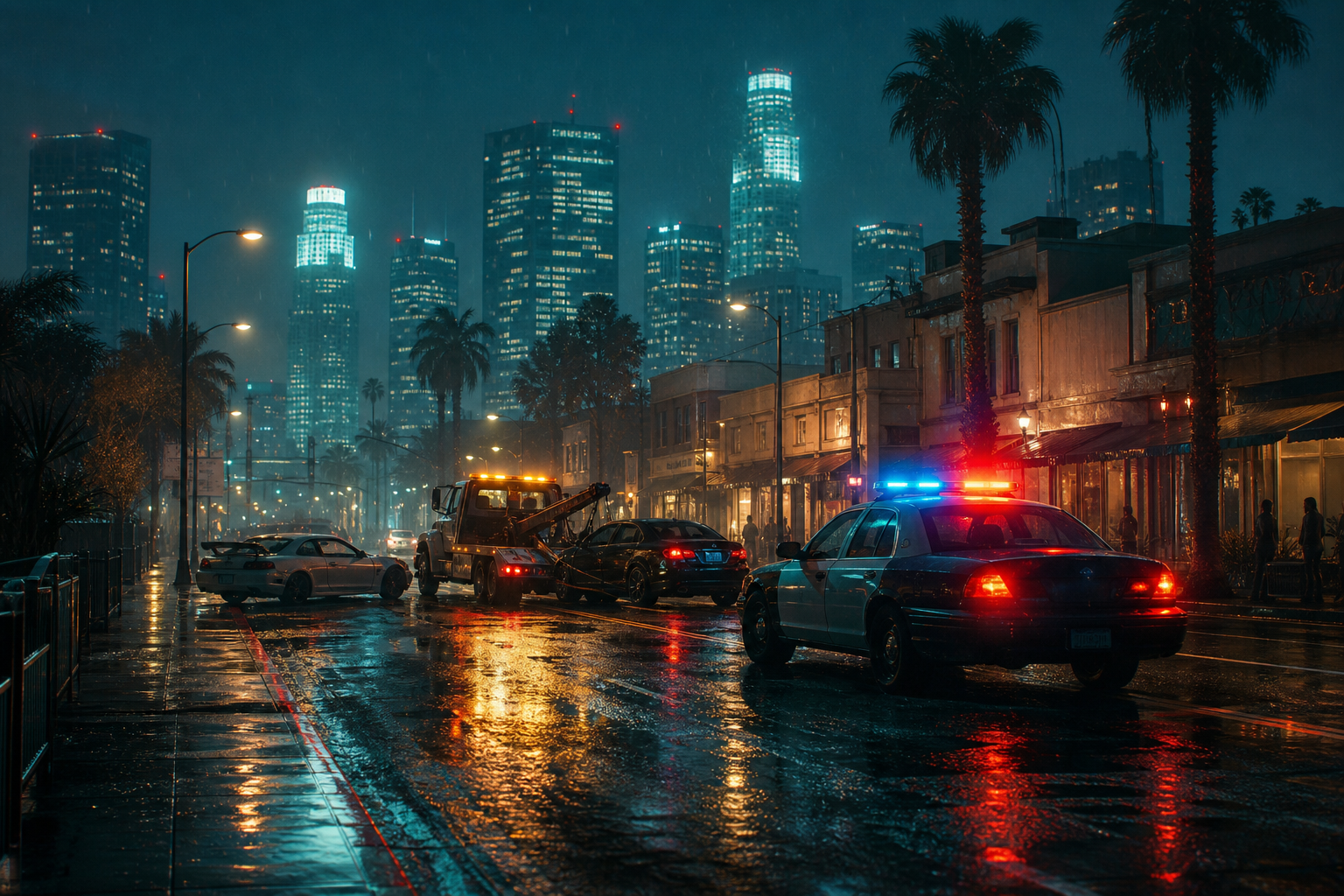 A night street in the Liquid Australian Roleplay city, with police and a tow truck working a scene